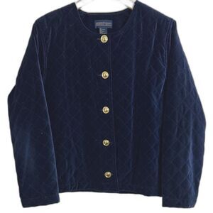VTG Herman Geist Blue Quilted Velvet Blazer Gold Buttons L Old Money Minimalist